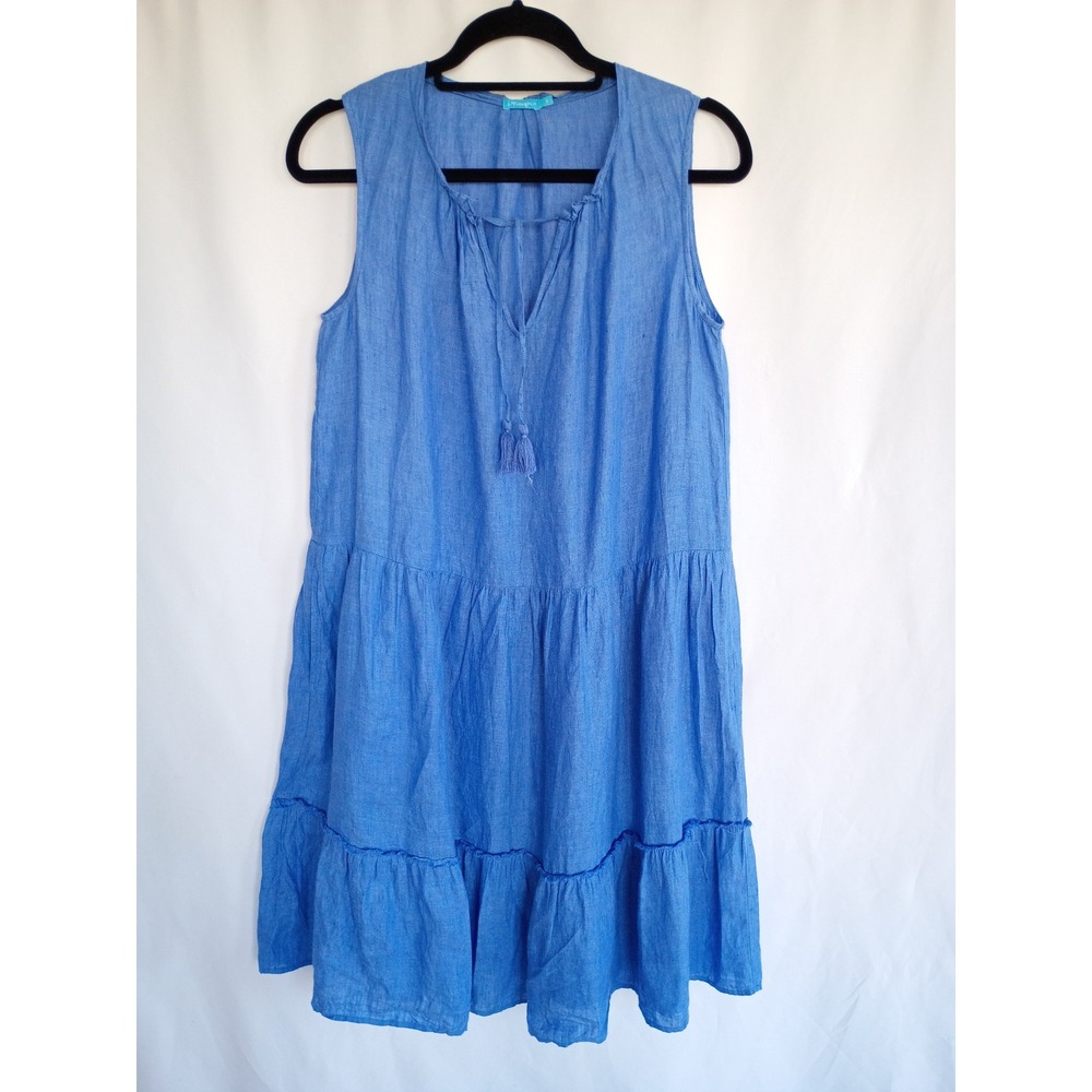 J. McLaughlin Blue Linen Sleeveless Tiered Tassel Tie Neck Dress Small Coastal